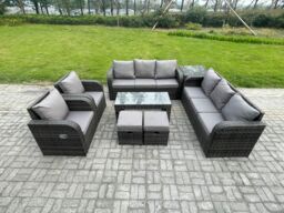 Fimous 10 Seater Wicker PE Rattan Sofa Set Outdoor Patio Garden Furniture with 2 Reclining Chairs Coffee Table Side Table 2 Small Footstools - thumbnail 1