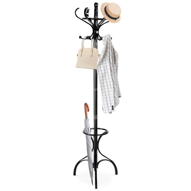 Costway Coat Rack Tree Birch Coat Stand Coat Hanger w/ Umbrella Holder& 12 Hooks in Black - image 1