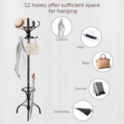 Costway Coat Rack Tree Birch Coat Stand Coat Hanger w/ Umbrella Holder& 12 Hooks in Black - thumbnail 4