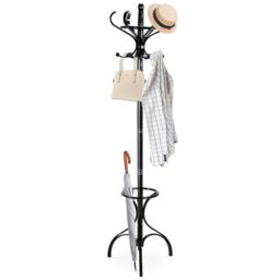 Costway Coat Rack Tree Birch Coat Stand Coat Hanger w/ Umbrella Holder& 12 Hooks in Black