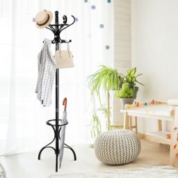 Costway Coat Rack Tree Birch Coat Stand Coat Hanger w/ Umbrella Holder& 12 Hooks in Black - thumbnail 3