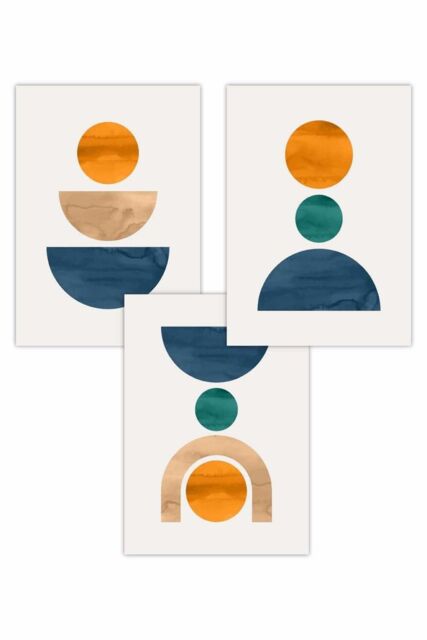 ARTZE Set of 3 Mid Century Graphical Shapes in Navy Blue Orange Art Posters - Size: W50 cm x H70 cm - image 1