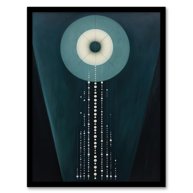 Wee Blue Coo Wall Art Print The Abstraction Of Teal Moonlight Pearls Blue Hilma af Klint Style Oil Painting Art Framed in Dark Blue - Size: A4 - image 1