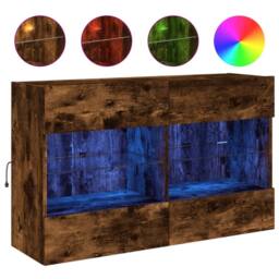 Berkfield Home TV Wall Cabinet with LED Lights Smoked Oak 98.5x30x60.5 cm in Brown - thumbnail 1