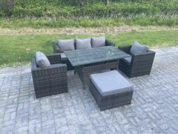 Fimous 6 Seater PE Wicker Rattan Garden Furniture Set Lounge Sofa Chair Dining Table Footstools in Dark Grey - thumbnail 2