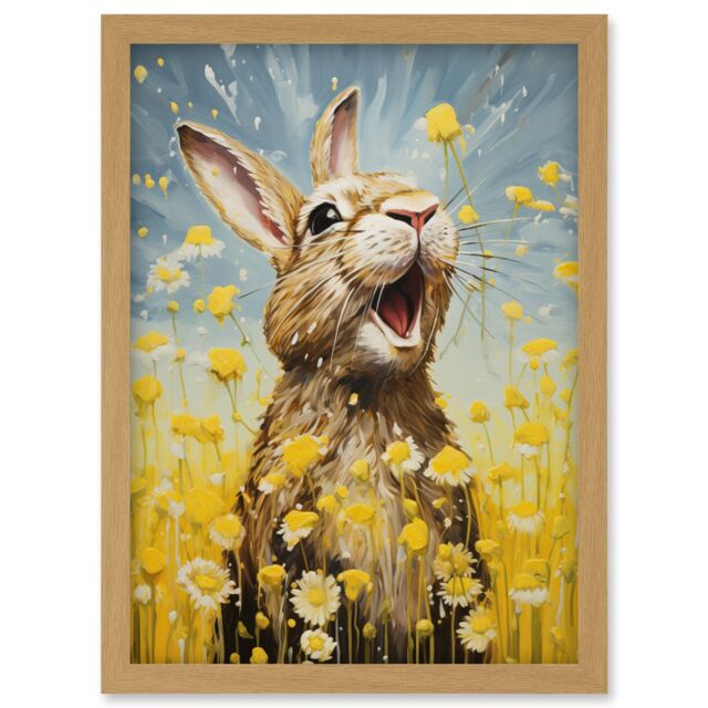 Artery8 Wall Art Print The Happy Bunny Rabbit Playing in a Field of Daisies Vibrant Oil Painting Kids Bedroom Blue Yellow Bright Summer Meadow - image 1