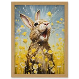 Artery8 Wall Art Print The Happy Bunny Rabbit Playing in a Field of Daisies Vibrant Oil Painting Kids Bedroom Blue Yellow Bright Summer Meadow - thumbnail 1