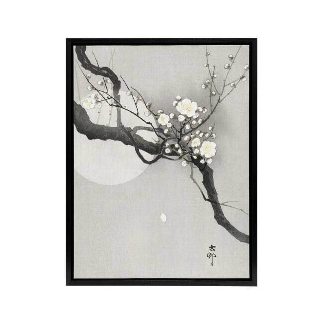 "Artery8 Plum Blossom & Full Moon Framed Canvas Wall Art Print Ohara Koson in Grey - Size: W18"" x H24""" - image 1