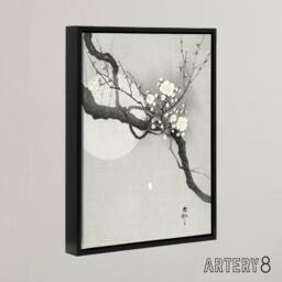 "Artery8 Plum Blossom & Full Moon Framed Canvas Wall Art Print Ohara Koson in Grey - Size: W18"" x H24""" - thumbnail 2