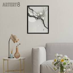 "Artery8 Plum Blossom & Full Moon Framed Canvas Wall Art Print Ohara Koson in Grey - Size: W18"" x H24""" - thumbnail 3