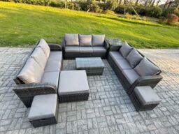 Fimous Rattan Lounge Sofa Set 12 Seater Outdoor Garden Furniture Set with Rectangular Coffee Table 3 Seater Sofa Side Table 3 Footstools in Dark Grey - thumbnail 2