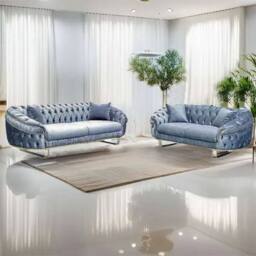 Sliding Wardrobes 4U Cammen 3+2 Plush Velvet Chesterfield Sofa Set Available in 3 Colors in Grey - Size: 5 Pack - thumbnail 1