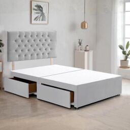 "Bed Time UK Plush Divan Bed Frame with 2 Drawers & 20"" Chesterfield Headboard in Silver - Size: Small Double" - thumbnail 1