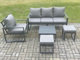 Fimous Aluminium Outdoor Garden Furniture Set Lounge Sofa Chair Square Coffee Table Sets with 2 Small Footstools Dark Grey - thumbnail 2
