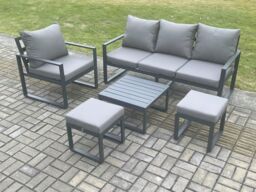 Fimous Aluminium Outdoor Garden Furniture Set Lounge Sofa Chair Square Coffee Table Sets with 2 Small Footstools Dark Grey - thumbnail 1