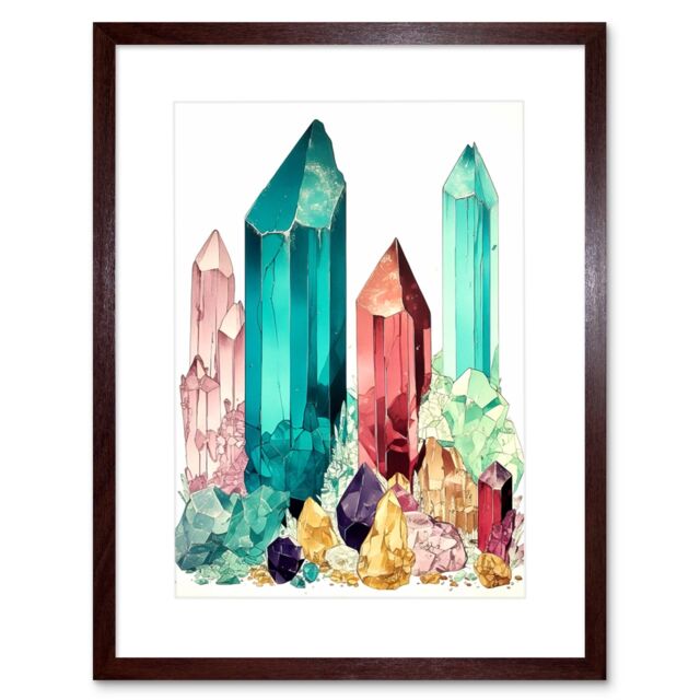 "Artery8 Wall Art Print Gemstone Crystals Watercolour Study Purple Blue Pink Yellow Healing Energy Mineral Artwork Framed 9X7 Inch - Size: W7"" x H9""" - image 1