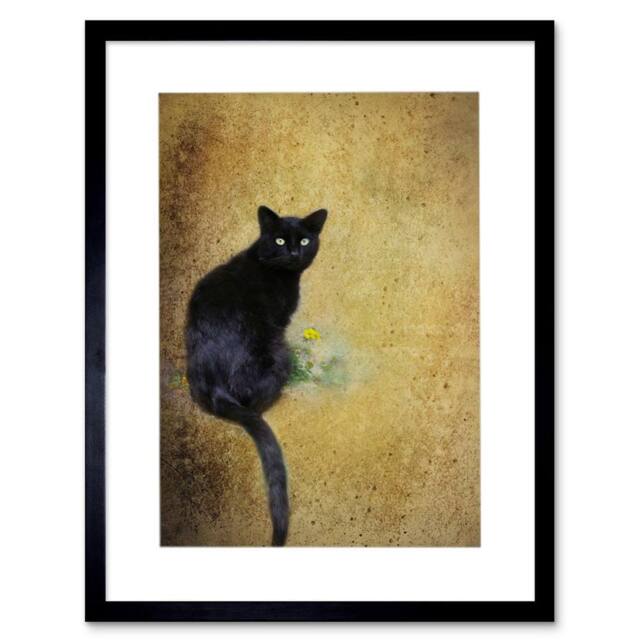 "Artery8 Photo Composition Cat Black Flower Yellow Cool 12x16"" Framed Art Print in Brown - Size: W12"" x H16""" - image 1