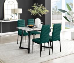 FurnitureboxUK Carson White Marble Effect Dining Table & 4 Velvet Milan Black Leg Chairs in Green