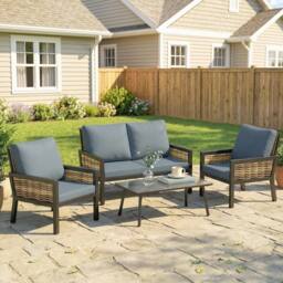 OUTSUNNY Rattan Garden Furniture Set, Outdoor Furniture Conversation Set in Grey - thumbnail 1