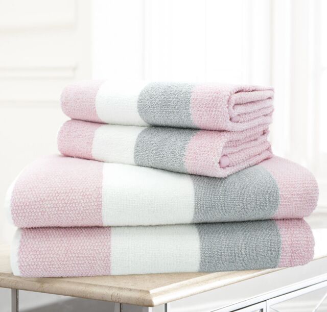 Velosso 4pc Striped Cotton Hand & Bath Towel Set - Soft & Absorbent Cotton Towels in Pink