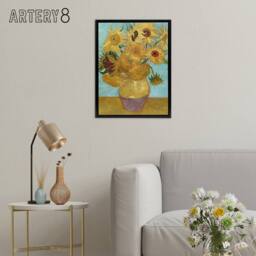 "Artery8 Vase with Twelve Sunflowers Van Gogh Black Framed Canvas Wall Art in Blue - Size: W12"" x H16""" - thumbnail 3