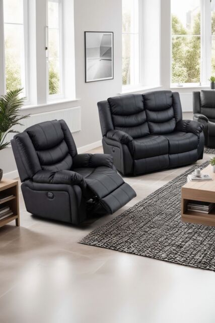 More4Homes Seattle Manual Recliner Bonded Leather 1+2 Seater Sofa Set in Black - image 1