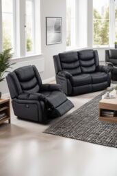 More4Homes Seattle Manual Recliner Bonded Leather 1+2 Seater Sofa Set in Black - thumbnail 1