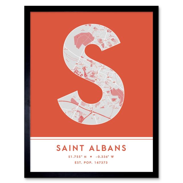 "Wee Blue Coo Wall Art Print Saint Albans England United Kingdom City Map Modern Typography Stylish Letter Framed Word in Orange - Size: W12"" x H16""" - image 1