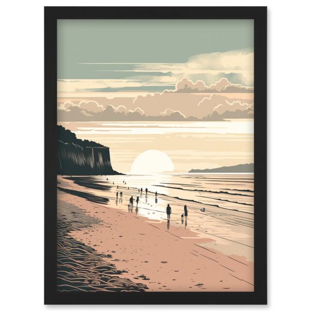 Artery8 Dog Walks on the Beach Sunset Coastal Landscape Artwork Framed Wall Art Print A4 in Black - image 1