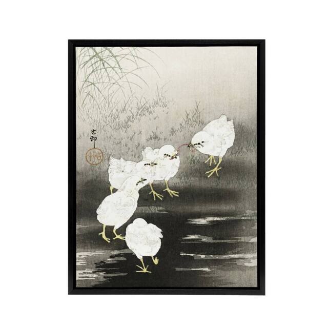 "Artery8 Chicks Eating Worms Framed Canvas Wall Art Print Ohara Koson in Grey - Size: W12"" x H16""" - image 1