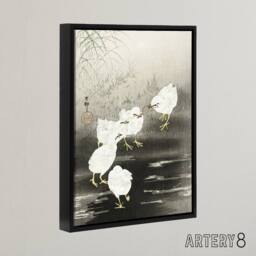 "Artery8 Chicks Eating Worms Framed Canvas Wall Art Print Ohara Koson in Grey - Size: W12"" x H16""" - thumbnail 2