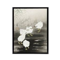 "Artery8 Chicks Eating Worms Framed Canvas Wall Art Print Ohara Koson in Grey - Size: W12"" x H16""" - thumbnail 1