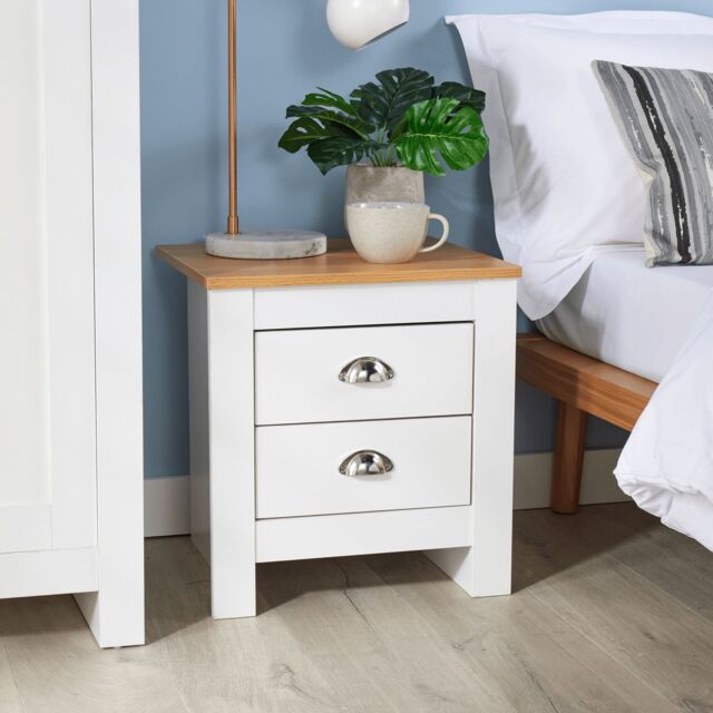Home Source Bedside 2 Drawer Bedroom Oak Top Metal Handle Wood Nightstand in White - image 1