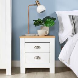 Home Source Bedside 2 Drawer Bedroom Oak Top Metal Handle Wood Nightstand in White - thumbnail 2