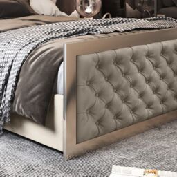 KDMD Maddison Upholstered Soft Velvet Metal Cream Bed Frame - Size: Small Double - thumbnail 3
