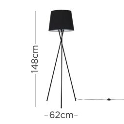 ValueLights Camden Black Metal Tripod Floor Lamp with Black Tapered Lamp Shade - thumbnail 9