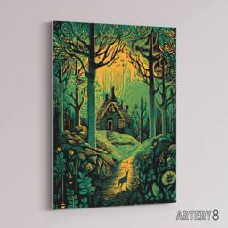 "Artery8 Cabin Hut In A Forest At Sunrise Canvas Wall Art Print in Green - Size: W24"" x H32""" - thumbnail 2