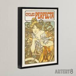 "Artery8 Cycles Perfecta Vintage Bike Advert Framed Canvas Wall Art Print Mucha in Orange - Size: W12"" x H16""" - thumbnail 2