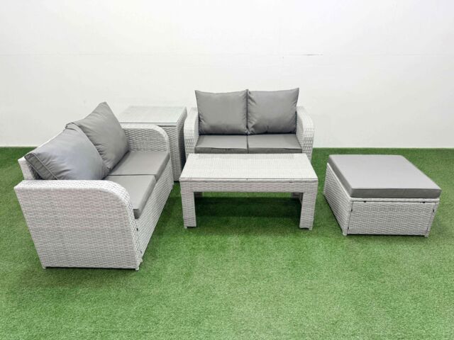 Fimous 5 Seater Outdoor Love Sofa Set Rattan Garden Furniture Set with Oblong Coffee Table Big Footstool Side Table Light Grey - image 1