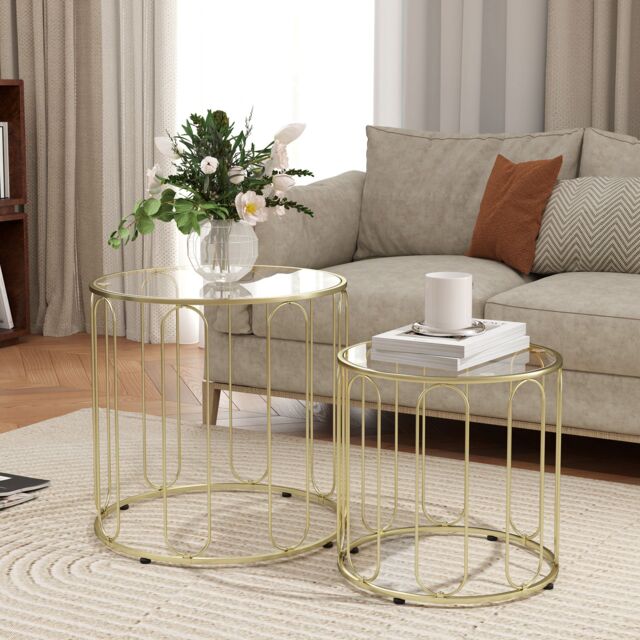 HOMCOM Coffee Table Set of 2, Nest of Tables with Metal Frame, Gold Tone - image 1