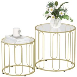 HOMCOM Coffee Table Set of 2, Nest of Tables with Metal Frame, Gold Tone - thumbnail 2
