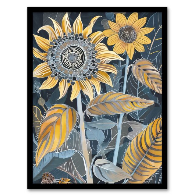 "Artery8 Stylised Sunflower Yellow Blue Pattern Painting Framed Art Print - Size: W12"" x H16""" - image 1