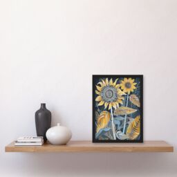 "Artery8 Stylised Sunflower Yellow Blue Pattern Painting Framed Art Print - Size: W12"" x H16""" - thumbnail 4