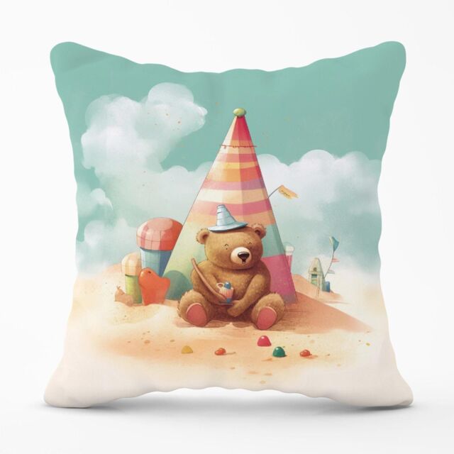 Warren Reed - Designer A Bear On A Beach Holiday Outdoor Cushion in Yellow - Size: 60 cm x 60 cm - image 1