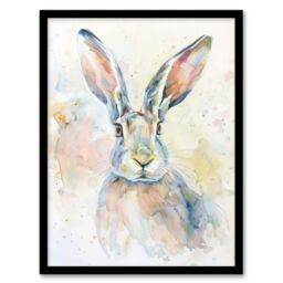 "Artery8 Colourful Bunny Rabbit Light Watercolour Painting Framed Art Print in White - Size: W12"" x H16""" - thumbnail 1