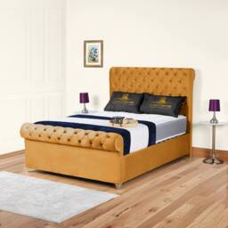 "UK Bed Furniture Chesterfield Sleigh Upholstered Bed with 48"" Headboard - Slatted Base in Mustard - Size: Small Double" - thumbnail 1