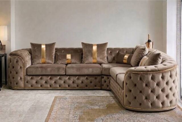 Stratus Interiors Ambassador Chesterfield Velvet Sofa with Gold Trim-No Frill in Taupe - image 1