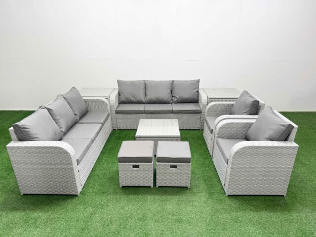 Fimous PE Rattan High Back Lounge Sofa Set Patio Square Coffee Table & Chairs Set with 3 Seater Sofa Reclining Chair Stools 2 Side Table Light Grey - image 1
