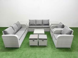 Fimous PE Rattan High Back Lounge Sofa Set Patio Square Coffee Table & Chairs Set with 3 Seater Sofa Reclining Chair Stools 2 Side Table Light Grey - thumbnail 1