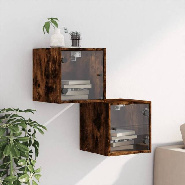Berkfield Home Elegant Bedside Cabinets with Glass Doors 2 pcs Smoked Oak 35x37x35 cm in Brown - Size: 35 x 37 x 35 cm - image 1